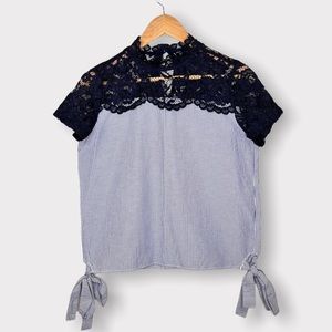 Zara Striped Blouse with Navy Neckline and Side Ties